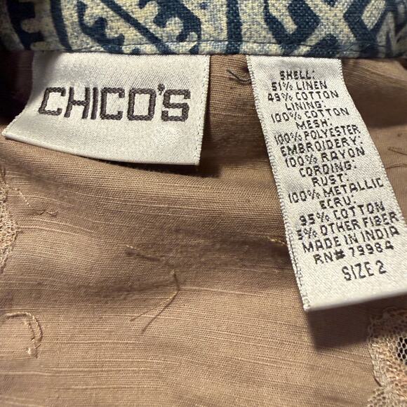 Chico’s Embroidered Sequin Jacket Blue Boho Tribal Linen Cotton Women 2 Large - Picture 6 of 8